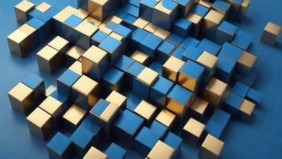 The primary subject of the image is a blue and gold patterned cube. The setting is a blue background, and the visual style is a digital art or illustration. The dominant colors are blue and gold, creating a vibrant and lively atmosphere.