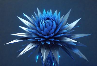 The primary subject of the image is a blue flower with a silver center. The setting is a dark blue background, which contrasts with the bright blue and silver colors of the flower. The visual style appears to be a combination of digital art and illustration, creating a unique and eye-catching design. The overall atmosphere of the image is serene and elegant, with the blue flower standing out against the dark blue background.