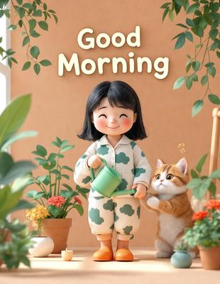 The primary subject of the image is a small girl holding a watering can, with a cat standing next to her. The setting is a room with a potted plant and a window. The visual style is a digital art illustration, and the colors and mood are warm and inviting.