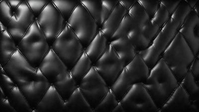 The primary subject of the image is a black leather couch. The setting is a black background, which creates a striking contrast with the couch. The visual style is a close-up of the couch, showcasing its texture and details. The colors and mood of the image are predominantly black, giving it a sleek and modern appearance.