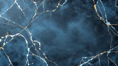 The primary subject of the image is a blue marble wall with gold veins. The setting is a dark room, and the visual style is a close-up of the marble wall. The colors and mood of the image are dark and moody, with the blue marble and gold veins creating a striking contrast against the black background.