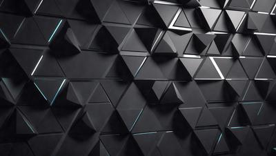 The primary subject of the image is a black wall with a geometric pattern. The setting is a dark room, and the visual style appears to be a digital art or illustration. The dominant colors are black and grey, creating a moody atmosphere.