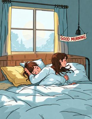 The primary subject of the image is a woman laying in bed with another woman. The setting is a bedroom, and the visual style is a comic or cartoon-like illustration. The colors and mood of the image are warm and cozy, with the sun shining through the window, creating a bright and inviting atmosphere.