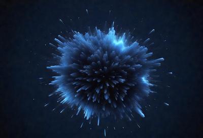 The primary subject of the image is a blue, swirling, and somewhat chaotic ball. The setting is a dark background, which contrasts with the bright blue color of the ball. The visual style appears to be a combination of a photo and digital art, creating a unique and intriguing appearance. The colors and mood of the image are predominantly blue, with a sense of motion and dynamism.