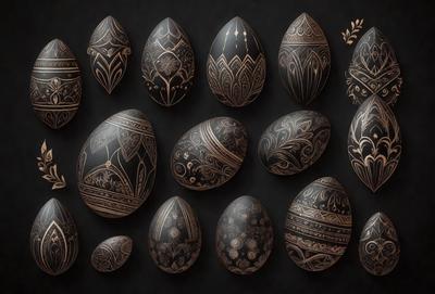 The primary subject of the image is a collection of decorated eggs. The setting is a dark background, which contrasts with the intricate designs on the eggs. The visual style is a combination of digital art and illustration, showcasing the detailed patterns and designs on the eggs. The colors and mood of the image are predominantly dark, with the decorated eggs serving as the focal point and source of visual interest.