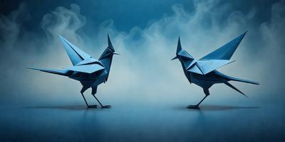 The primary subject of the image is two blue birds, possibly geese, standing next to each other. They are positioned in front of a blue sky, which serves as the setting and background of the scene. The visual style of the image is a digital art or illustration, as the birds are depicted in a detailed and artistic manner. The colors and mood of the image are predominantly blue, creating a calm and serene atmosphere.