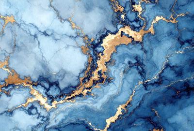 The primary subject of the image is a blue and gold marbled wall. The setting is a room with a blue and gold marbled wall, which serves as the background. The visual style is a painting, with the artist using a combination of blue and gold colors to create a unique and eye-catching design. The colors and mood of the image are vibrant and luxurious, evoking a sense of sophistication and elegance.