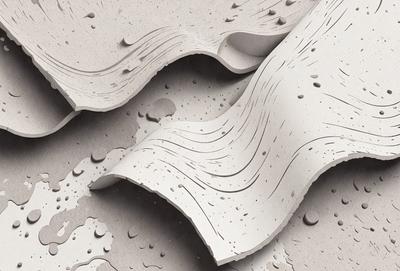 The primary subject of the image is a large sheet of paper with a wave-like pattern on it. The paper appears to be made of cardboard and has a textured, watery appearance. The setting is a workspace, with the paper placed on a table. The visual style is a combination of digital art and illustration, creating a unique and artistic representation of the wave pattern. The colors and mood of the image are predominantly grays and browns, giving it a somewhat moody and dramatic atmosphere.
