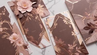 The primary subject of the image is a collection of cards and books with a floral design. The setting is a table with a marble surface, and the visual style is a combination of photo and digital art. The colors and mood of the image are predominantly pink and brown, creating a warm and inviting atmosphere.