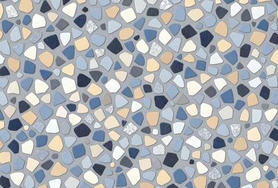 The primary subject of the image is a blue and yellow tile floor with a pattern of small rocks. The setting is indoors, likely in a room with a blue and yellow color scheme. The visual style is a close-up of the tile floor, showcasing the intricate pattern of the rocks. The colors and mood of the image are vibrant and lively, with the blue and yellow tiles creating a warm and inviting atmosphere.