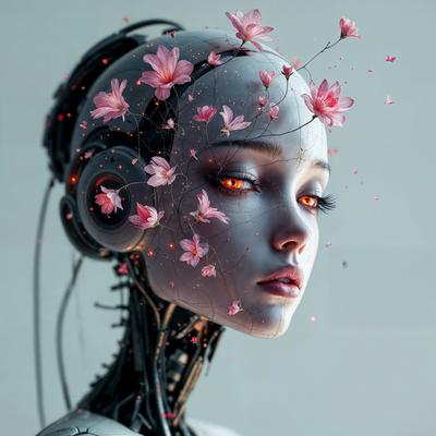 The primary subject of the image is a robotic head with a flower crown on it. The setting is a white background, and the visual style is digital art. The robotic head is adorned with a flower crown, and the dominant colors are pink and white. The overall atmosphere of the image is whimsical and artistic.