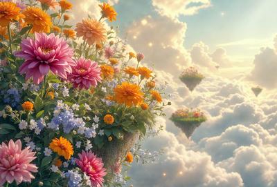 Primary subject: A large bouquet of colorful flowers, including pink, yellow, and orange, is the main focus of the image.

Setting/background: The flowers are placed in a cloudy sky, giving the scene a whimsical and dreamy atmosphere.

Visual style: The image is a digital artwork, featuring a vibrant and imaginative representation of the flowers and their surroundings.

Colors and mood: The dominant colors in the image are pink, yellow, and