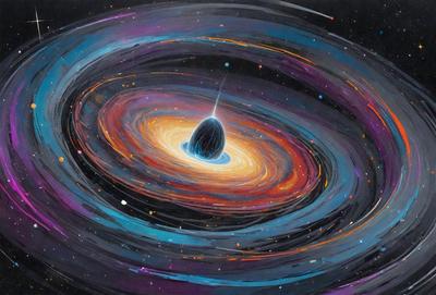 The primary subject of the image is a large, colorful, and swirling galaxy. The galaxy is surrounded by a purple background, which adds to the overall atmosphere of the scene. The visual style of the image is a combination of digital art and illustration, creating a vibrant and dynamic representation of the galaxy. The colors and mood of the image are lively and energetic, capturing the essence of the cosmic phenomenon.