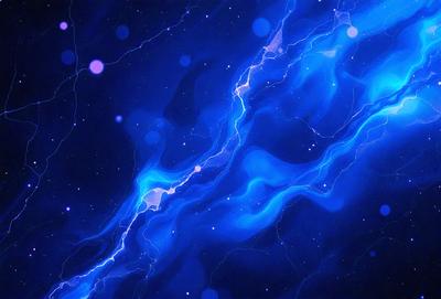 The primary subject of the image is a blue and purple lightning bolt, which is the main object, scene, or focus of the image. The setting or background of the image is a dark blue sky, which is visible. The visual style of the image is digital art, as it is a digital illustration of a lightning bolt. The dominant colors of the image are blue and purple, creating a vibrant and energetic atmosphere.