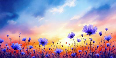The primary subject of the image is a field of purple flowers, with a blue sky in the background. The setting appears to be a sunset, creating a serene and peaceful atmosphere. The visual style of the image is a digital art or illustration, with the flowers and sky depicted in a vibrant and detailed manner. The dominant colors in the image are purple and blue, which contribute to the overall mood of tranquility and beauty.
