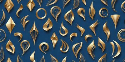 The primary subject of the image is a collection of gold and blue decorative designs, which are likely part of a pattern or artwork. The designs are arranged in a visually appealing manner, creating a sense of harmony and balance. The setting is a blue background, which complements the gold and blue colors of the designs. The visual style of the image is a combination of digital art and illustration, showcasing the intricate details and patterns of the designs. The overall atmosphere of the image is elegant and sophisticated