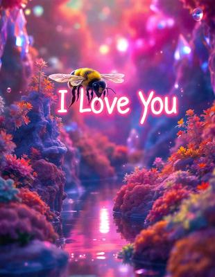 The primary subject of the image is a bee, which is the main focus of the scene. The bee is flying over a body of water, which serves as the setting for the background. The visual style of the image is digital art, as it is a colorful and vibrant illustration. The dominant colors in the image are pink and purple, creating a warm and inviting atmosphere.