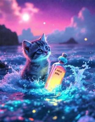 The primary subject of the image is a small kitten standing in the water. The setting is a body of water, possibly an ocean, with a purple hue to the water. The visual style is a digital art or illustration, creating a whimsical and imaginative scene. The colors and mood are predominantly purple, giving the image a dreamy and serene atmosphere.
