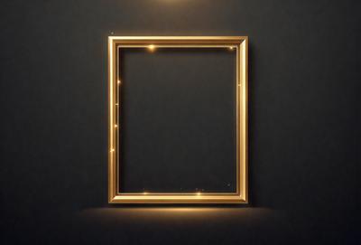 The primary subject of the image is a gold frame with a black background. The frame is illuminated by a light source, creating a warm and inviting atmosphere. The visual style of the image is a combination of photo and digital art, as it appears to be a photograph of a digital art piece. The colors and mood of the image are predominantly black and gold, giving it a sophisticated and elegant appearance.