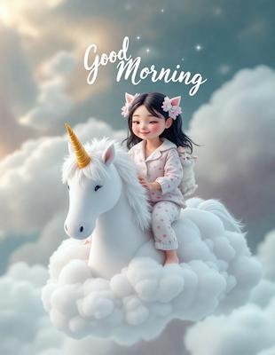 Primary subject: A little girl riding a white unicorn.

Setting/background: A cloudy sky.

Visual style: Digital art.

Colors and mood: The image is predominantly white, with the little girl and the unicorn being the main focus. The cloudy sky adds a sense of whimsy and dreaminess to the scene.