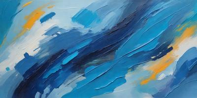 The primary subject of the image is a painting of a blue ocean with waves. The setting is a blue background, and the visual style appears to be a digital art or illustration. The dominant colors in the painting are blue and white, creating a serene and calming atmosphere.