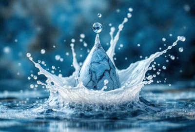 The primary subject of the image is a bubble, which is floating in a blue water environment. The setting appears to be a swimming pool, as the water is clear and blue. The visual style of the image is a photo, capturing the bubble in its natural surroundings. The colors and mood of the image are predominantly blue, creating a calm and serene atmosphere.
