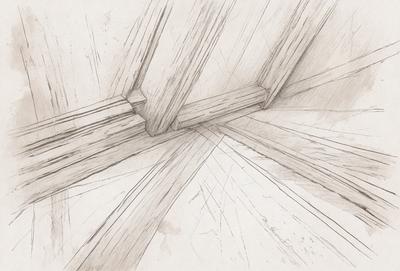 The primary subject of the image is a wooden beam, which is the main object in the scene. The setting is a room with a wooden ceiling, and the visual style is a drawing or illustration. The colors and mood of the image are predominantly brown and white, giving it a warm and natural atmosphere.