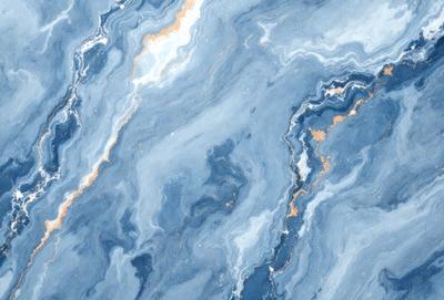 The primary subject of the image is a blue and white marble-like surface, which appears to be a wall or a countertop. The setting is a room with a blue and white color scheme. The visual style is a close-up of the marble-like surface, showcasing its intricate patterns and textures. The colors and mood of the image are predominantly blue and white, creating a calm and elegant atmosphere.