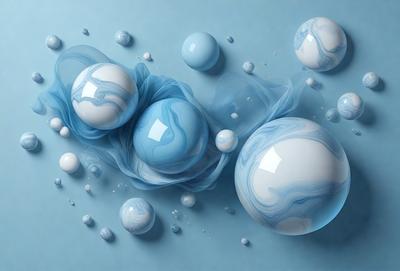 The primary subject of the image is a group of three blue and white balls floating in a blue background. The setting appears to be a water-like environment, possibly a swimming pool or a blue ocean. The visual style of the image is a combination of photo and digital art, creating a realistic yet artistic representation of the scene. The colors and mood of the image are predominantly blue and white, giving it a calm and serene atmosphere.