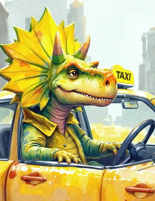 The primary subject of the image is a cartoon dinosaur, specifically a yellow and green allosaurus, sitting in the driver's seat of a taxi. The setting is a city, with a taxi cab visible in the background. The visual style is a colorful and whimsical illustration, giving the image a playful and fun atmosphere.