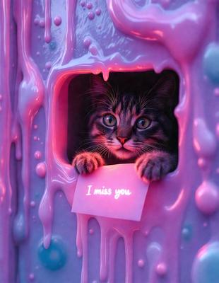 The primary subject of the image is a cat. The cat is sitting in a pink room, holding a pink sign that says "I miss you." The setting appears to be a creative and playful environment, possibly a child's room or a themed space. The visual style of the image is a combination of photo and digital art, creating a unique and artistic representation of the cat and its surroundings. The dominant colors in the image are pink, which creates a warm and inviting atmosphere.