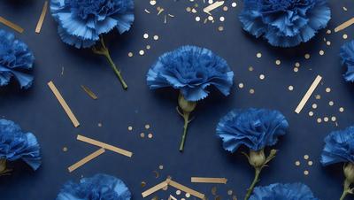 The primary subject of the image is a group of blue flowers, which are the main objects in the scene. The flowers are arranged on a blue background, creating a visually appealing contrast. The setting appears to be a studio or a controlled environment, as the flowers are placed on a table or a surface. The visual style of the image is a combination of photo and digital art, as it captures the beauty of the flowers while also showcasing the artist's creativity. The dominant colors in the image are blue and gold,