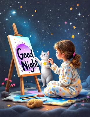The primary subject of the image is a young girl sitting in front of a painting board, painting a cat. The setting is a cozy and creative environment, with the girl surrounded by various art supplies and a cat nearby. The visual style of the image is a combination of digital art and illustration, creating a vibrant and engaging scene. The colors and mood of the image are warm and inviting, with the girl's focus on her artwork and the cat's presence adding a sense of comfort and companionship
