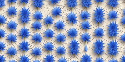 The primary subject of the image is a pattern of blue flowers, which are arranged in a visually appealing manner. The setting is a white background, which provides a clean and uncluttered look. The visual style is a combination of digital art and illustration, creating a unique and eye-catching design. The dominant colors are blue and white, giving the image a calm and serene atmosphere.