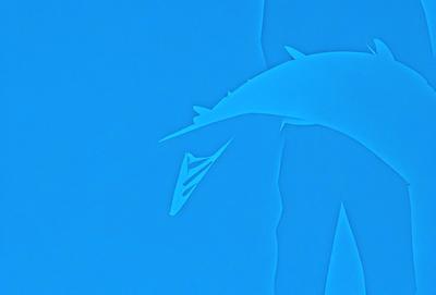 The primary subject of the image is a fish, which is the main object, scene, or focus of the image. The fish is depicted in a blue and white color scheme, which gives it a vibrant and lively appearance. The setting or background of the image is a blue sky, which provides a contrasting and visually appealing backdrop for the fish. The visual style of the image is a combination of photo and digital art, creating a unique and eye-catching representation of the fish. The overall atmosphere of the