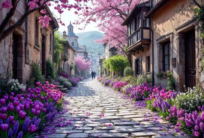 The primary subject of the image is a narrow alleyway lined with purple flowers, creating a beautiful and serene atmosphere. The setting is a quaint village with old buildings and a mountain in the background. The visual style is a photo, capturing the natural beauty of the alley and the surrounding environment. The colors and mood are predominantly purple, with the flowers adding a touch of vibrancy and tranquility to the scene.
