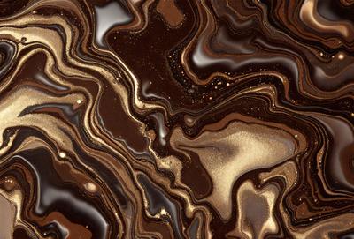 The primary subject of the image is a close-up of a marbled surface, which appears to be a patterned wallpaper or a textured material. The setting is indoors, with the surface being the main focus of the image. The visual style is a close-up, which emphasizes the intricate details of the marbled surface. The colors and mood of the image are rich and luxurious, with the gold and brown tones creating a warm and inviting atmosphere.