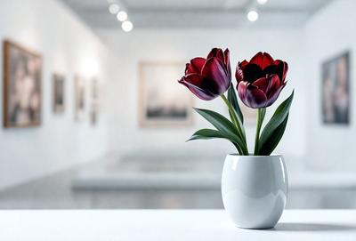 The primary subject of the image is a white vase filled with red flowers, which are likely tulips. The vase is placed on a white table, creating a clean and minimalist look. The setting appears to be a gallery or a room with a white background, which further emphasizes the simplicity of the scene. The visual style of the image is a close-up of the vase and flowers, highlighting the beauty of the red flowers against the white background. The colors and mood of the image are predominantly white