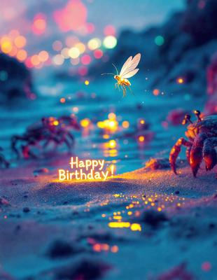 The primary subject of the image is a crab, which is standing on a sandy beach. The setting is a beach with a sandy surface. The visual style is a digital art, as the crab is depicted in a colorful and artistic manner. The colors and mood of the image are vibrant and lively, with the crab being the main focus of the scene.