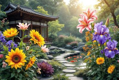 The primary subject of the image is a garden with a variety of flowers and plants. The garden is situated in front of a building, which serves as the setting for the scene. The visual style of the image is a combination of photo and digital art, creating a vibrant and lively atmosphere. The colors and mood of the image are predominantly warm and inviting, with the flowers and plants adding a sense of natural beauty and tranquility to the scene.
