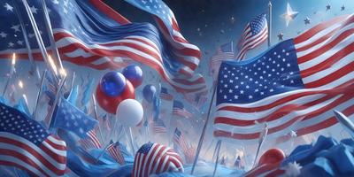 The primary subject of the image is a large number of American flags, which are flying in the wind. The flags are arranged in various positions, creating a dynamic and lively scene. The setting is outdoors, with the flags blowing in the breeze. The visual style of the image is a combination of photo and digital art, as it captures the movement and vibrancy of the flags. The dominant colors in the image are red, white, and blue, which are the colors of the American flag. The overall