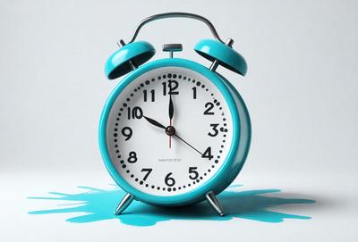 The primary subject of the image is a blue alarm clock with white numbers and hands. The clock is placed on a table, and it is set to 12:00. The setting is a white background, which provides a clean and minimalist appearance. The visual style is a realistic representation of the alarm clock, capturing its details and colors accurately. The colors and mood of the image are predominantly blue and white, creating a calm and soothing atmosphere.