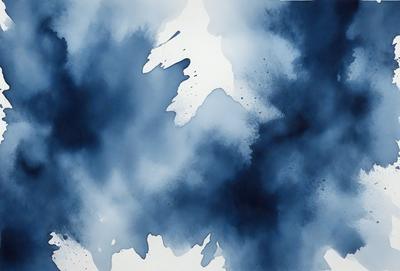The primary subject of the image is a blue and white painting, which features a blue background with white splatters and drips. The setting is an art gallery, and the visual style is a painting. The dominant colors are blue and white, creating a calm and serene atmosphere.