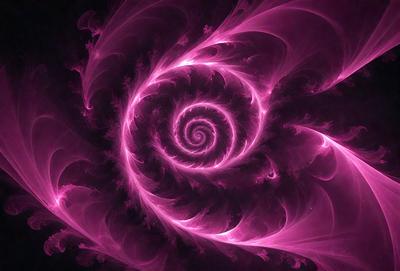 The primary subject of the image is a large, pink spiral pattern. The setting is a dark background, which contrasts with the bright pink color of the spiral. The visual style appears to be a combination of a photo and digital art, creating a unique and eye-catching design. The dominant colors are pink and purple, giving the image a warm and vibrant atmosphere.