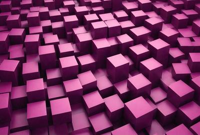 The primary subject of the image is a large, purple, three-dimensional grid made up of many small, square-shaped blocks. The setting is a purple background, which creates a visually striking contrast with the blocks. The visual style is a combination of digital art and illustration, giving the image a unique and artistic appearance. The dominant colors are purple and pink, creating a warm and inviting atmosphere.