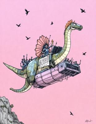 The primary subject of the image is a cartoon dinosaur with a person riding on its back. The dinosaur is carrying a sign, and there are several birds flying around it. The setting appears to be a pink sky, which adds a whimsical and playful atmosphere to the scene. The visual style is a combination of digital art and illustration, creating a unique and imaginative image.