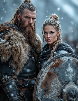 The primary subject of the image is a man and a woman standing together in a snowy environment. The man is wearing a chainmail shirt and holding a shield, while the woman has long hair and is wearing a dress. The setting is a winter landscape with snow covering the ground. The visual style of the image is a combination of photo and digital art, creating a unique and captivating scene. The colors and mood of the image are predominantly cold and wintry, with the snow and the clothing of the