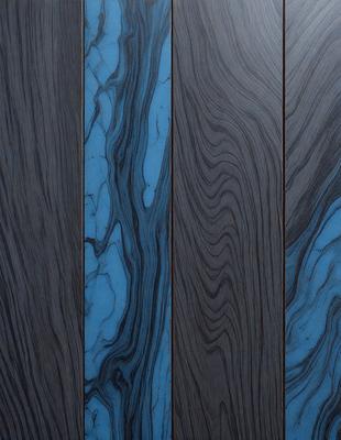 The primary subject of the image is a wooden panel with a blue and brown striped pattern. The setting is a room with a wooden wall, and the visual style is a close-up of the wooden panel. The dominant colors are blue and brown, creating a warm and natural atmosphere.