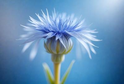 The primary subject of the image is a single blue flower with white petals, sitting on a blue background. The visual style of the image is a close-up of the flower, showcasing its details. The colors and mood of the image are predominantly blue and serene, with the blue flower standing out against the blue background.
