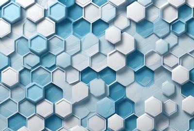 The primary subject of the image is a blue and white hexagonal pattern. The setting is a blue and white tiled wall, which serves as the background. The visual style is a combination of digital art and illustration, creating a unique and eye-catching pattern. The dominant colors are blue and white, giving the image a clean and modern appearance.